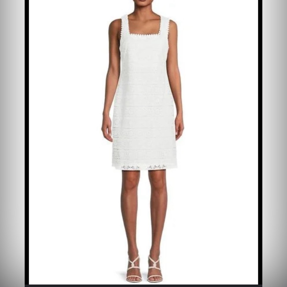 KENSIE Womens White Zippered Crochet Lace Sleeveless Square Neck Dresw